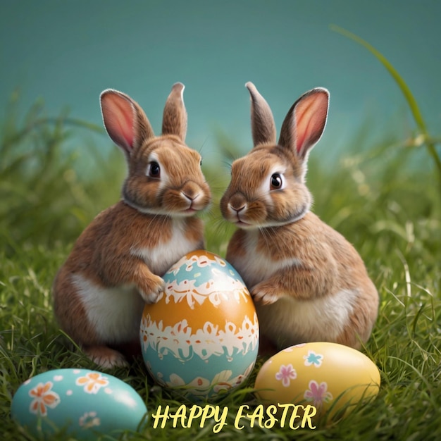 Cute Two Little Bunnies With Easter Egg In The Grass Illustration