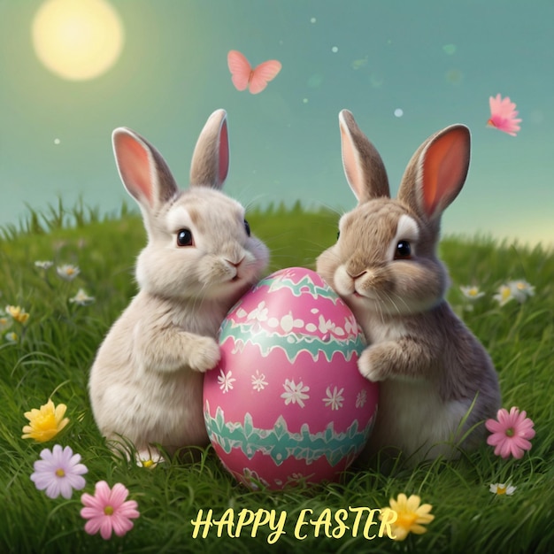 Cute Two Little Bunnies With Easter Egg In The Grass Illustration