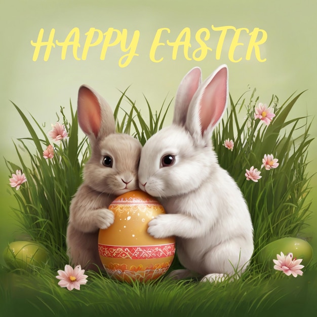 Cute Two Little Bunnies With Easter Egg In The Grass Illustration