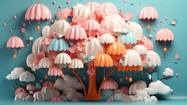 Cute umbrella pastel paper art style