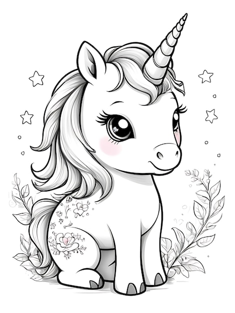 Photo cute unicorn cartoon colouring drawing white background ai generated