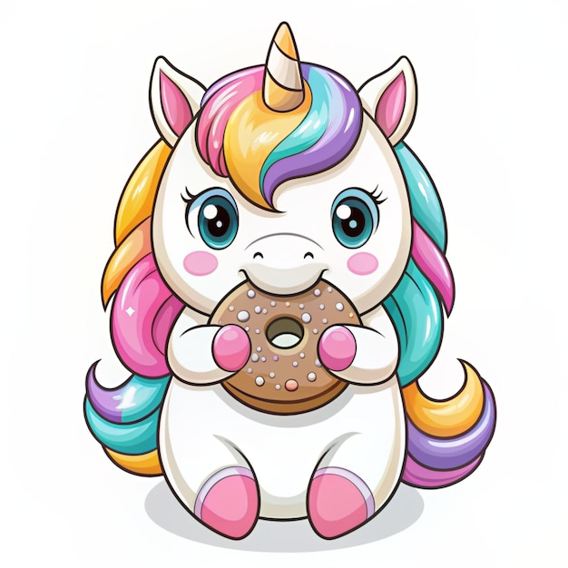 Cute Unicorn Eat Donut Vector Icon Illustration Unicorn Mascot Cartoon Character Animal Icon Concept White Isolated Flat Cartoon Style Suitable for Web Landing Page Banner Flyer Sticker Card