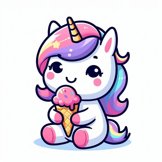 Photo a cute unicorn holding ice cream cone cartoon vector icon illustration with white background