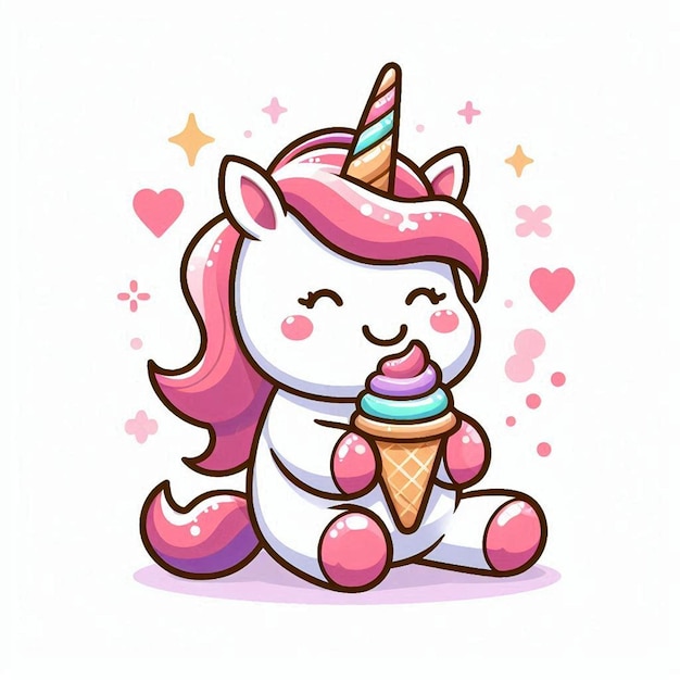 Photo a cute unicorn holding ice cream cone cartoon vector icon illustration with white background