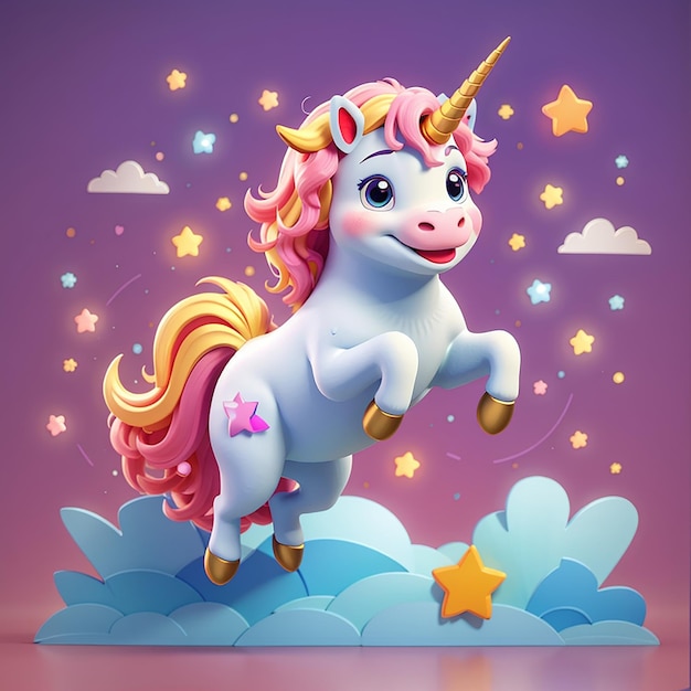 Cute unicorn jumping with star cartoon vector icon illustration animal nature icon concept isolated