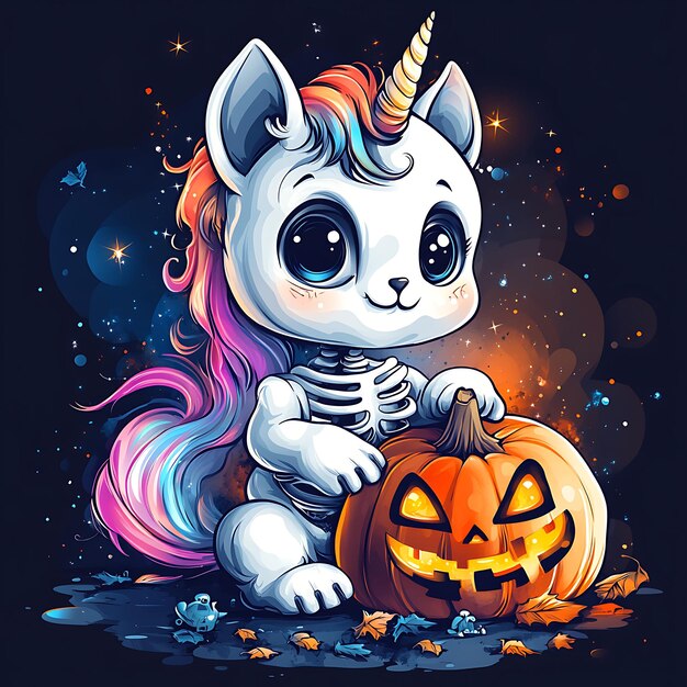 Photo cute unicorn seat on a pumpkin halloween theme