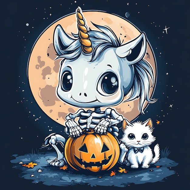 cute unicorn seat on a pumpkin Halloween theme