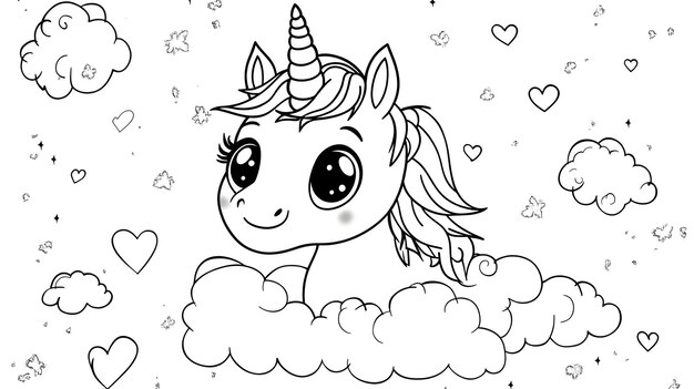 Photo cute unicorn with hearts and clouds perfect for kids coloring and design