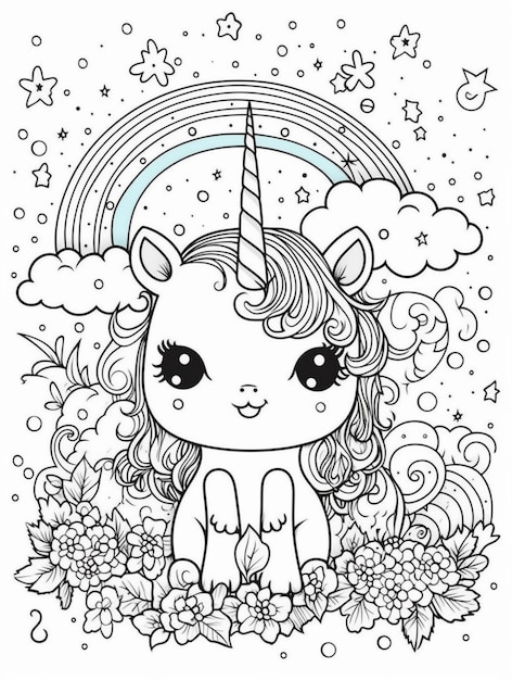 a cute unicorn with a rainbow in the sky and flowers generative ai