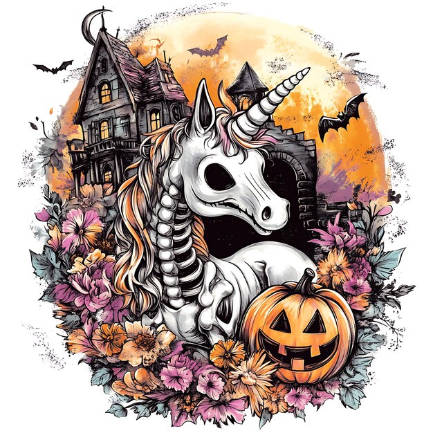 Photo cute unicorn with skeleton and halloween full body isolated on white background