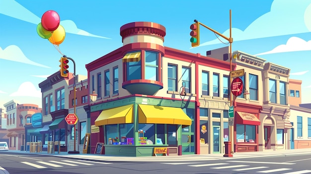 Photo cute vector cartoon city street corner with colorful buildings and a smiling traffic light