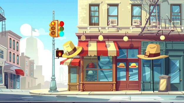 Photo cute vector cartoon city street corner with colorful buildings and a smiling traffic light