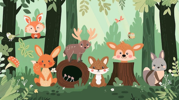 Photo cute vector cartoon forest scene with friendly woodland creatures