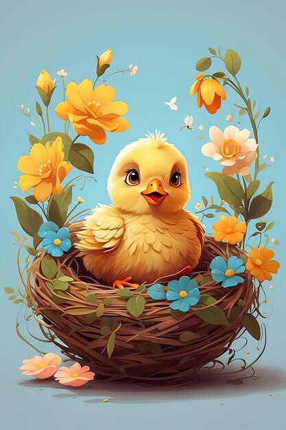 Cute vector yellow chick in a spring blooming nest of twigs and flowers on a solid background Spring card spring time Easter AI generated