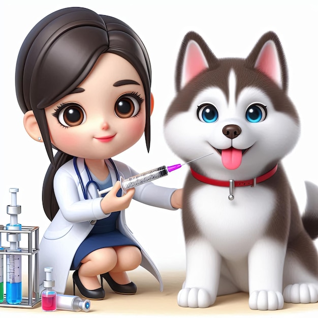 Photo cute veterinarian injecting husky dog cartoon 3d