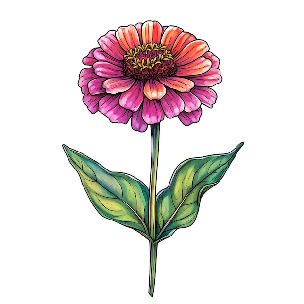 Cute and Vibrant Cartoon of Colorful Zinnia Flower on Clean White Background