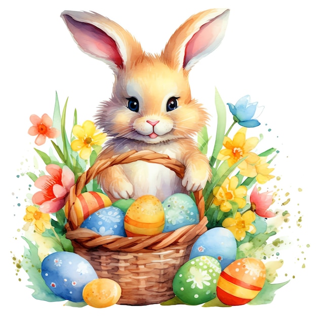 cute vintage easter bunny with basket eggs and flowers hyper detail white background