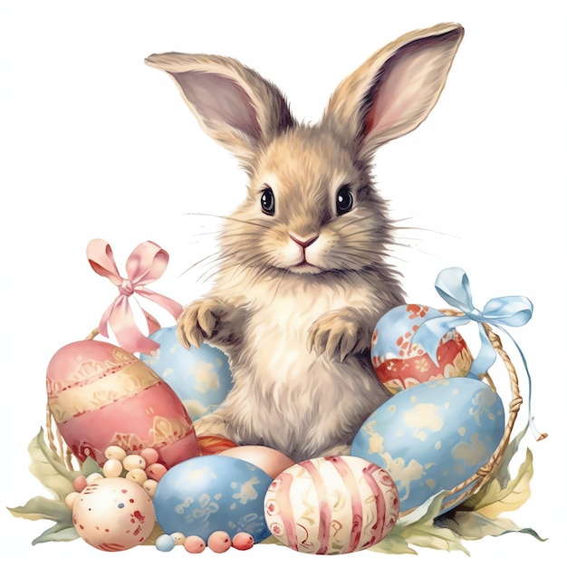 cute vintage easter bunny with eggs hyper detail white background