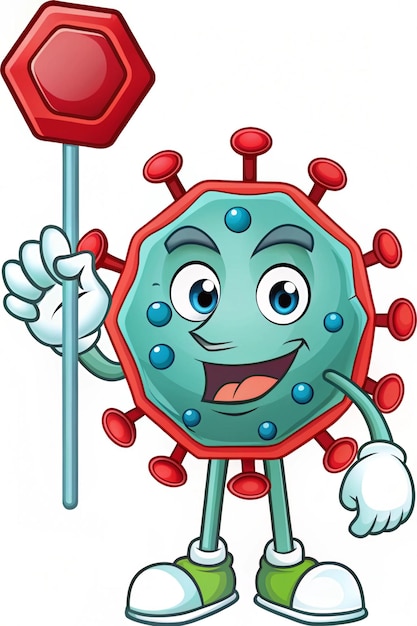 Photo cute virus cartoon with stop sign for health awareness