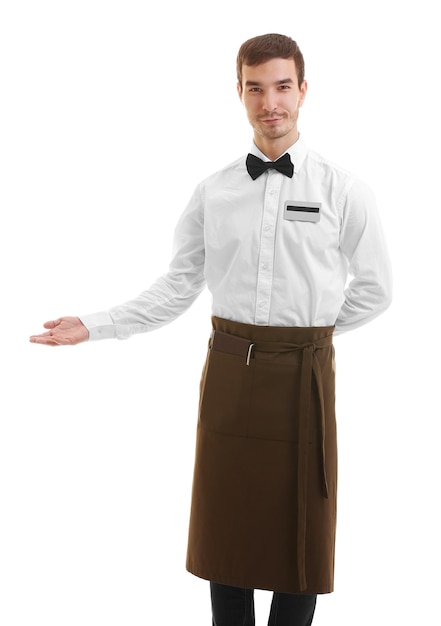 Cute waiter welcoming you on white background