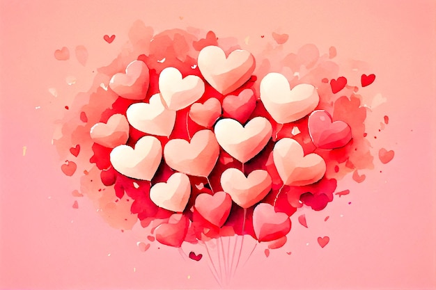 Cute wallpaper design of watercolor hearts in red and pink tones for valentine's day. Generative AI.