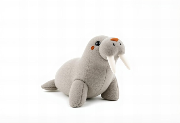 Photo cute walrus fabric plush toy on a white background