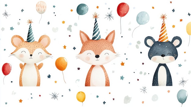 Cute Watercolor Animals Party Illustration with Balloons and Confetti