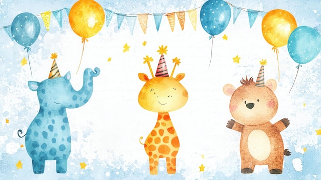 Cute Watercolor Animals Party Illustration