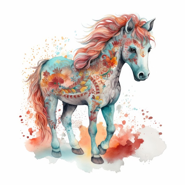 Cute watercolor baby horse Illustration AI Generative