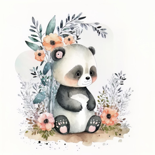 Cute watercolor baby panda portrait on white background Illustration AI Generative