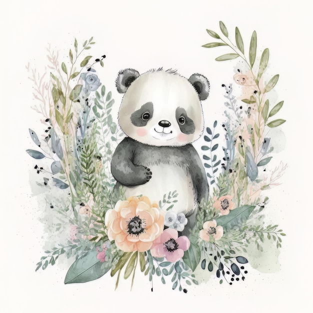 Cute watercolor baby panda portrait on white background Illustration AI Generative