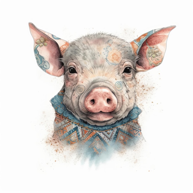 Cute watercolor baby pig Illustration AI Generative