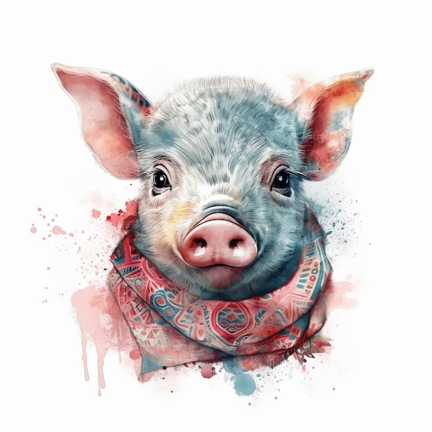 Cute watercolor baby pig Illustration AI Generative