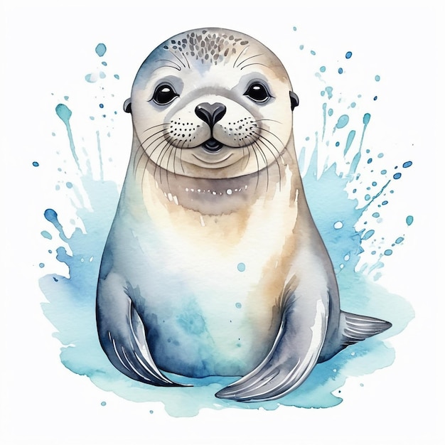 Cute watercolor baby seal