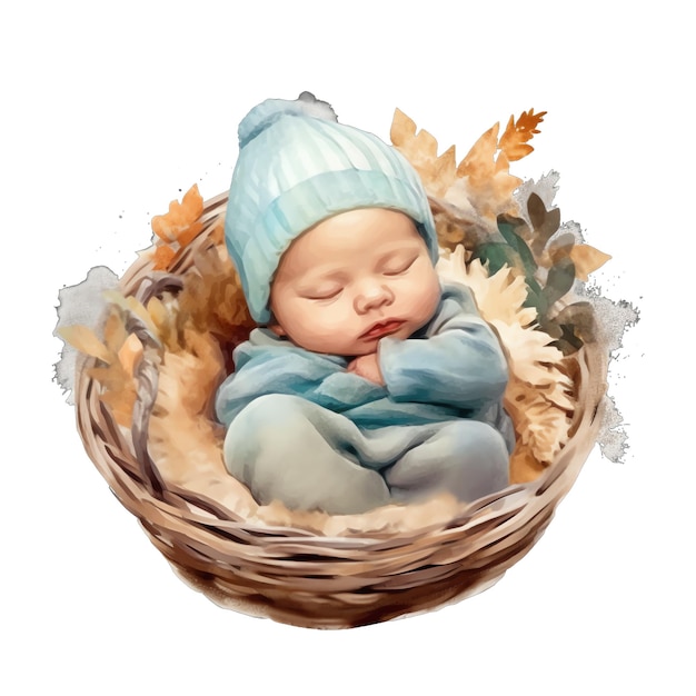 Cute watercolor Baby in a straw basket illustration