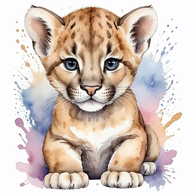 Cute watercolor baby wild cat