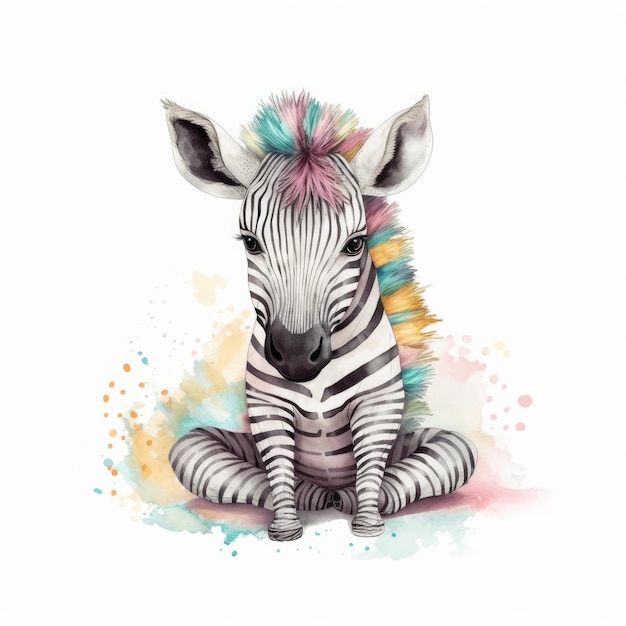 Cute watercolor baby zebra Illustration AI Generative