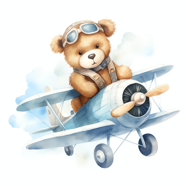 Cute watercolor bear flying on airplane illustration teddy bears clipart