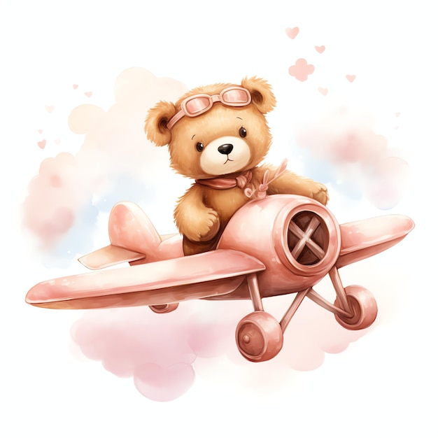 Cute watercolor bear flying on airplane illustration teddy bears clipart