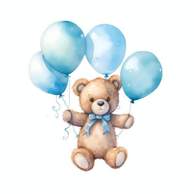 Cute watercolor bear with birthday balloon illustration teddy bears clipart