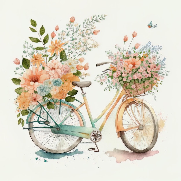 Cute Watercolor Bike with Flowers Illustrated Generative AI