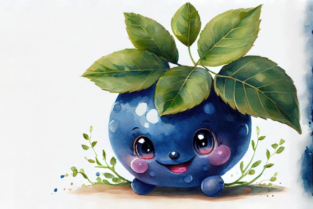 Cute watercolor blueberry with a happy face