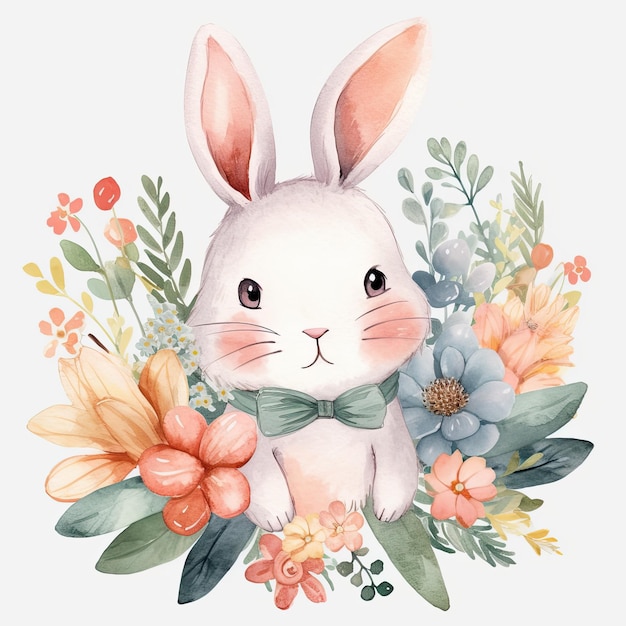 Cute watercolor bunny with flowers and leaves illustration Floral Easter Bunny Clipart AI Generated