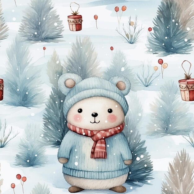 cute watercolor childish christmas seamless pattern