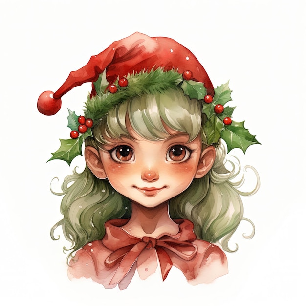 Cute watercolor Christmas holly elf clipart white background