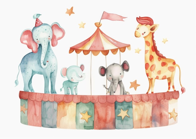 Cute watercolor circus animals in hats on white background