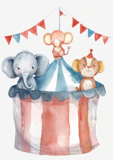 Cute watercolor circus animals in hats on white background