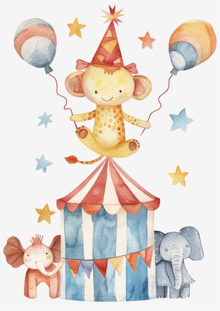 Cute watercolor circus animals in hats on white background