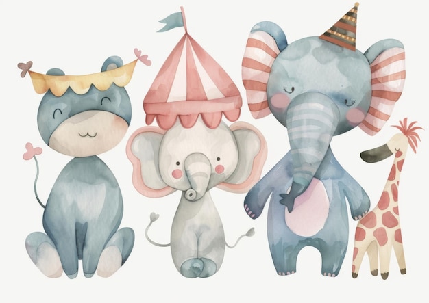 Cute watercolor circus animals in hats on white background