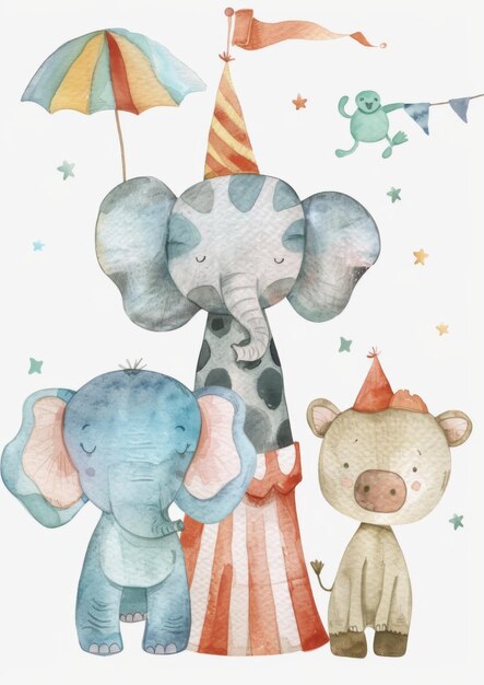 Photo cute watercolor circus animals in hats on white background